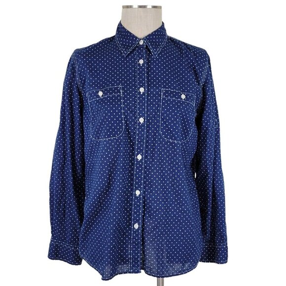 Ralph Lauren Jeans Co Blouse Size L Roll Tab Sleeve Polka Dot Cotton Navy - Picture 1 of 12